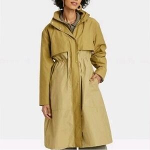 A New Day Womens Water Resistant Trench Coat Olive Green Hooded Rain Jacket L